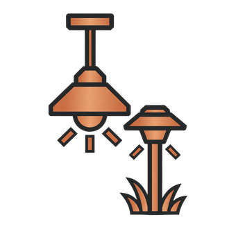 Stylized orange and black garden lights, one hanging and one on a post with grass