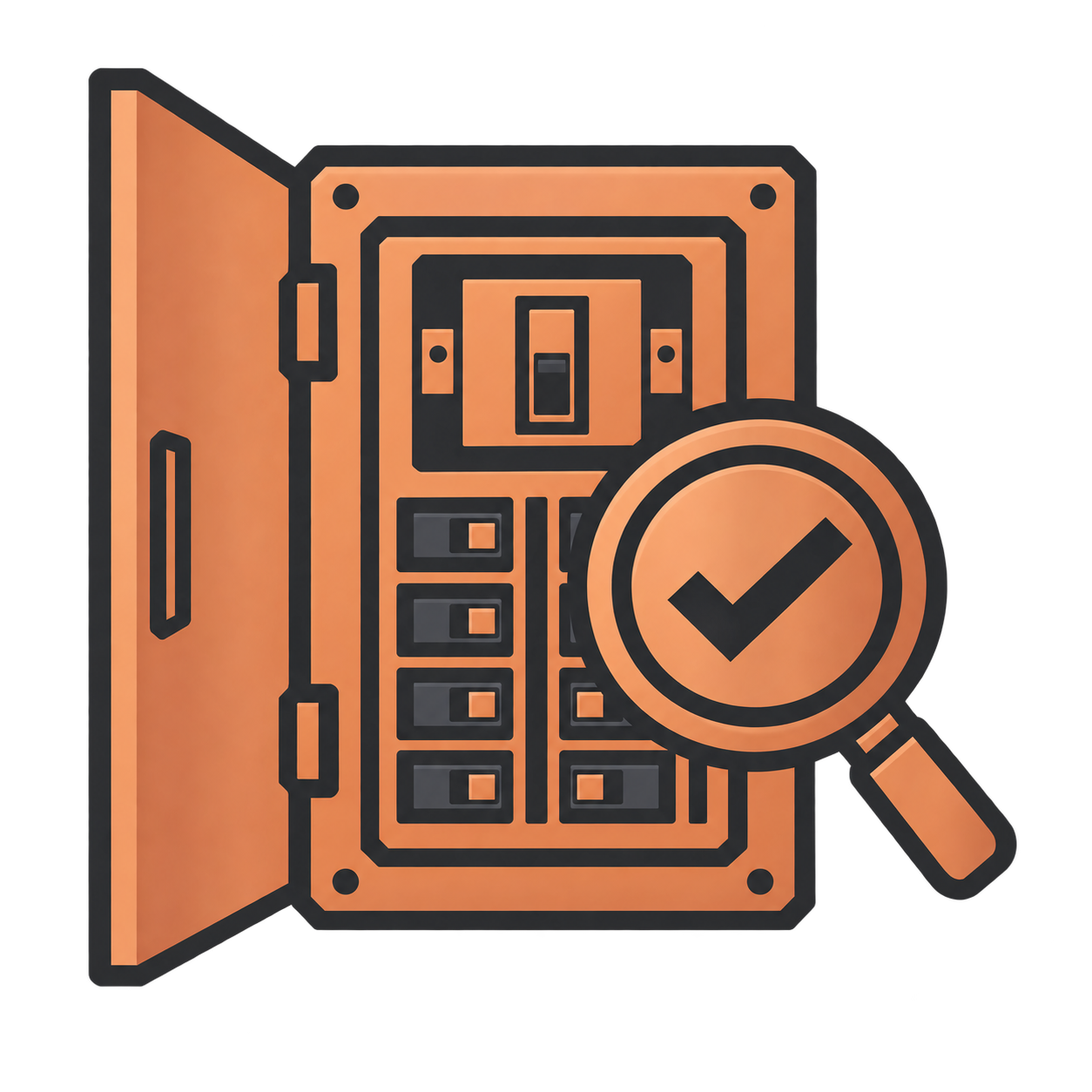 Orange security safe icon with open door and magnifying glass checking a checkmark inside