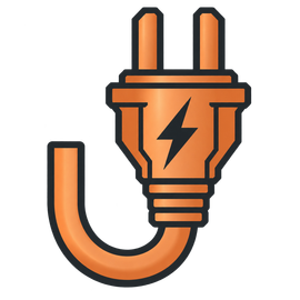Orange electrical plug icon with black outline and lightning bolt