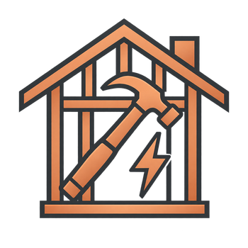 Orange house outline with hammer and lightning bolt, symbolizing home repair or electrical work
