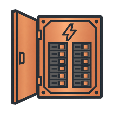 Orange electrical panel box with open door and lightning bolt symbol