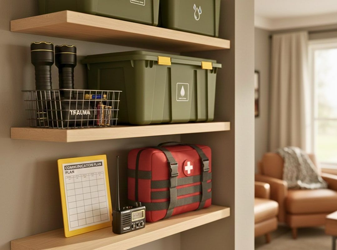 Shelves with emergency kit supplies, including green bins, flashlights, a first aid bag, and a calendar in a cozy room