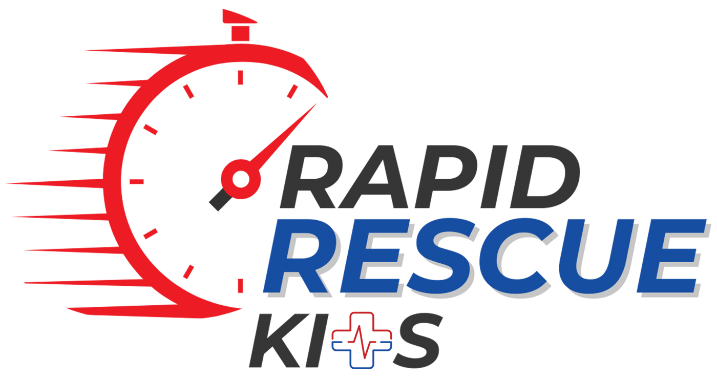 A logo for rapid rescue kits with a clock on it.