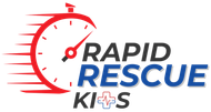 A logo for rapid rescue kits with a clock on it.