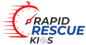 A logo for rapid rescue kits with a clock on it.
