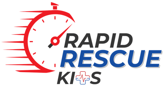 A logo for rapid rescue kits with a clock on it.