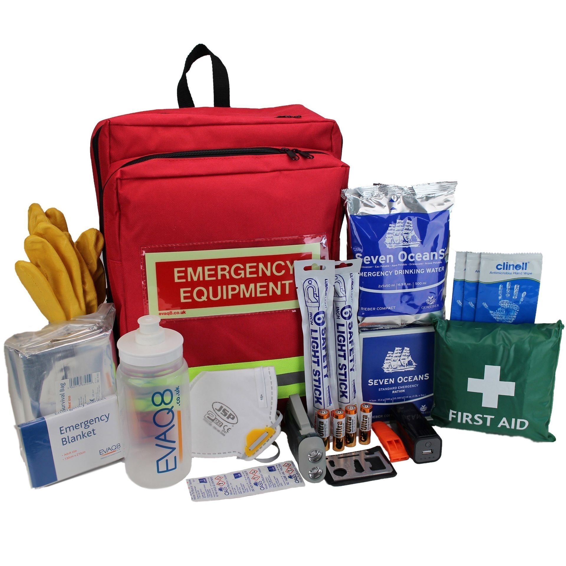 Emergency equipment bag with first aid kit, bottles, gloves, batteries, and supplies on a white background