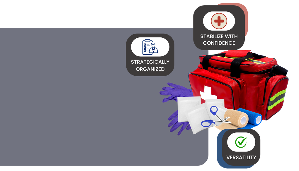 A red first aid kit is sitting on top of a gray surface.