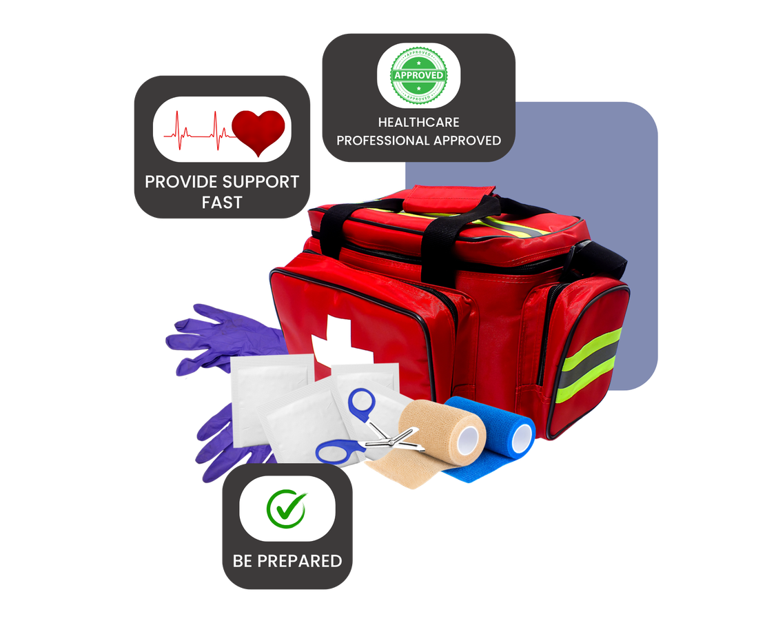 A red bag filled with a variety of medical supplies.