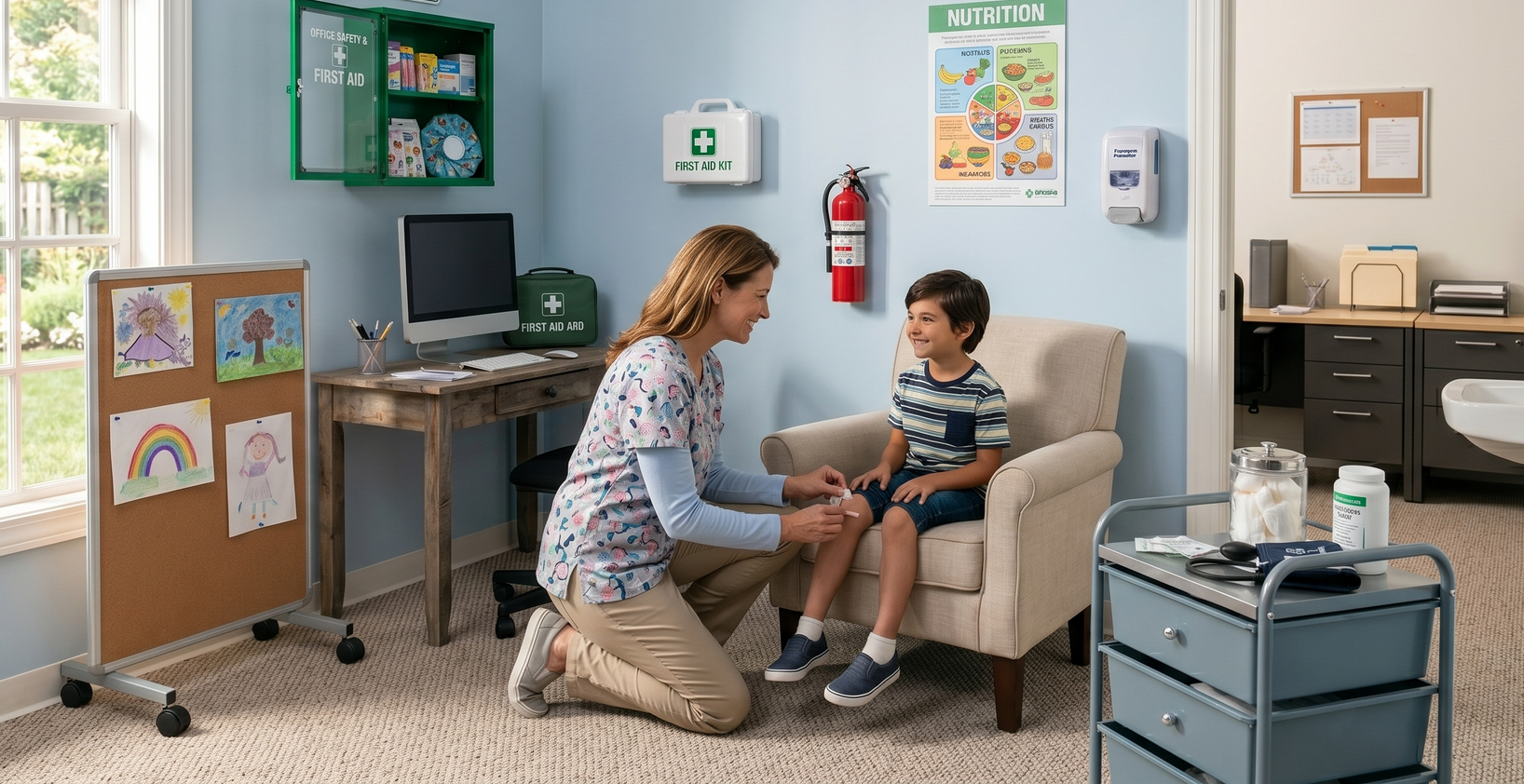 Nurse is treating a child with a skinned knee in a school office.