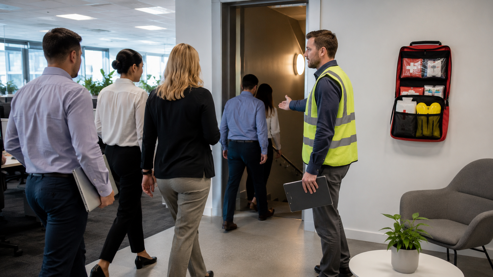 People walking through an office hallway past a wall-mounted fire extinguisher and a waiting area.