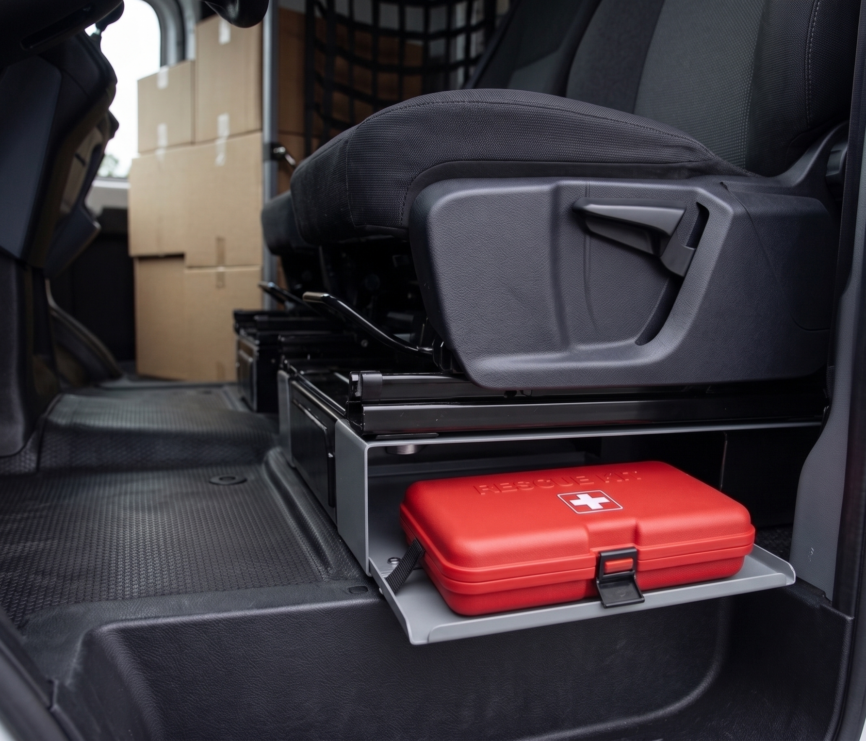 Red first aid kit on a slide-out tray inside a vehicle cargo area under a gray seat.