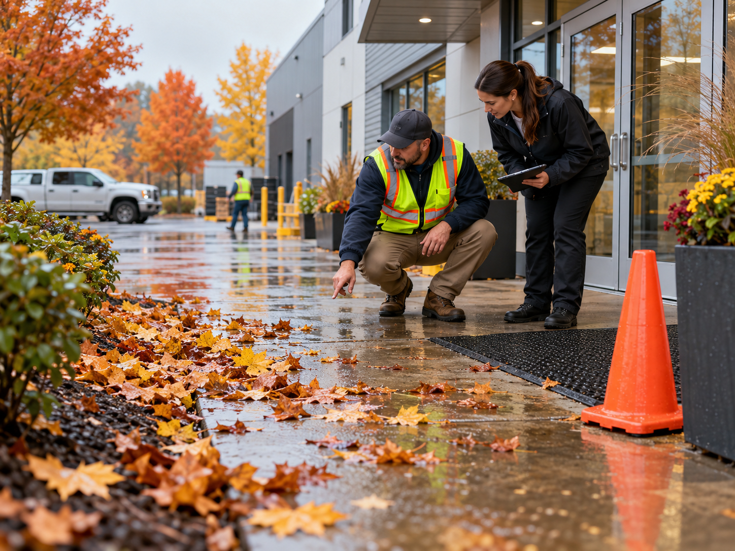 Two workers inspect wet pavement by an office entrance with an orange cone and autumn leaves nearby