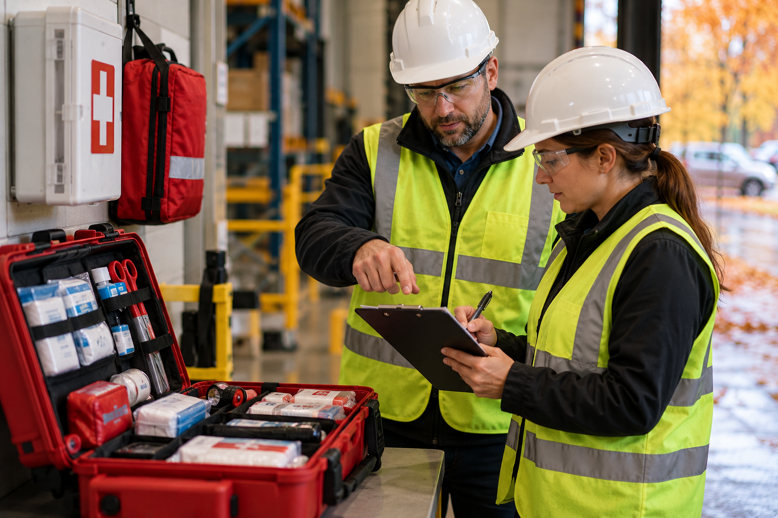 Two workers in hard hats review a checklist beside open tool cases in a warehouse.