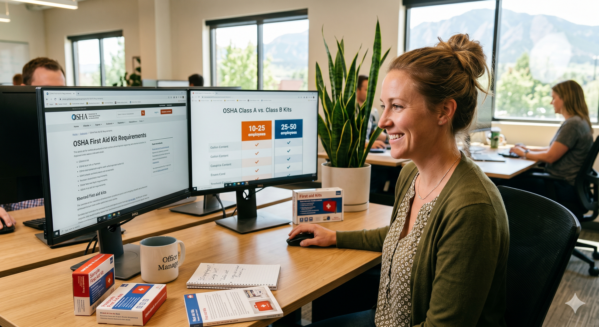 Manager at a small office smiles as she looks online for a first aid kit that fits her workplace.