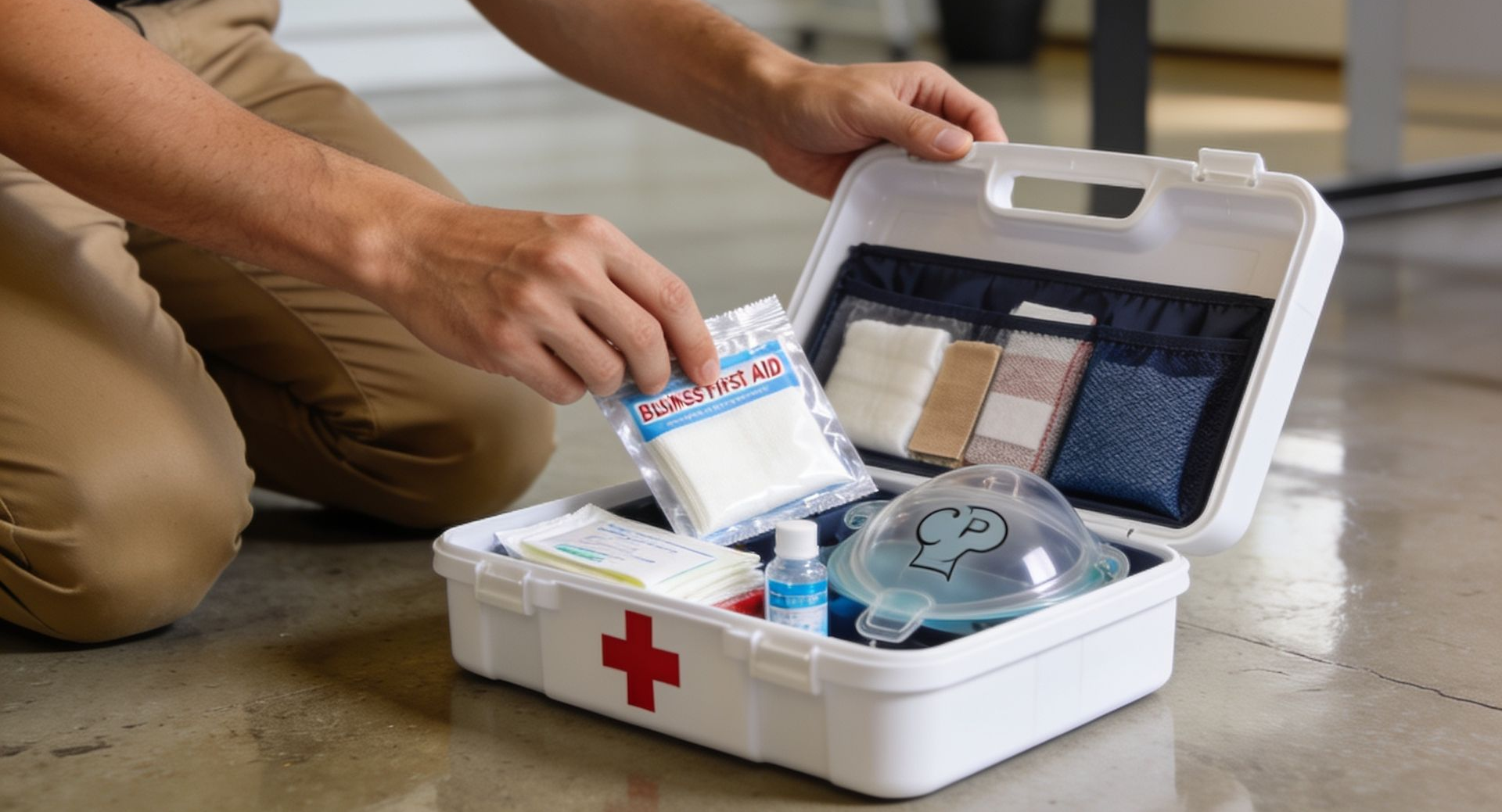 Open first aid kit with supplies on a floor, being arranged by a person kneeling beside it