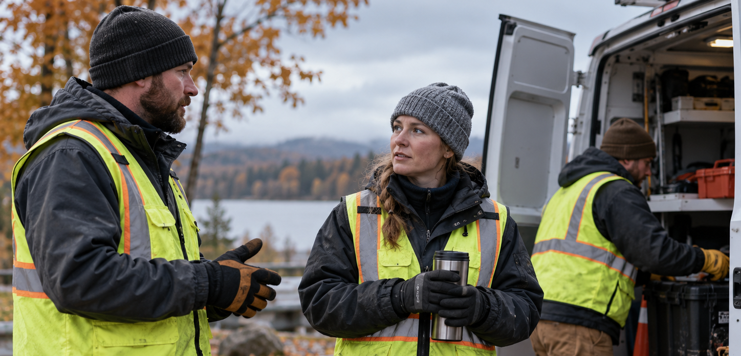 Three workers in reflective vests talking beside a van on a cloudy waterfront.