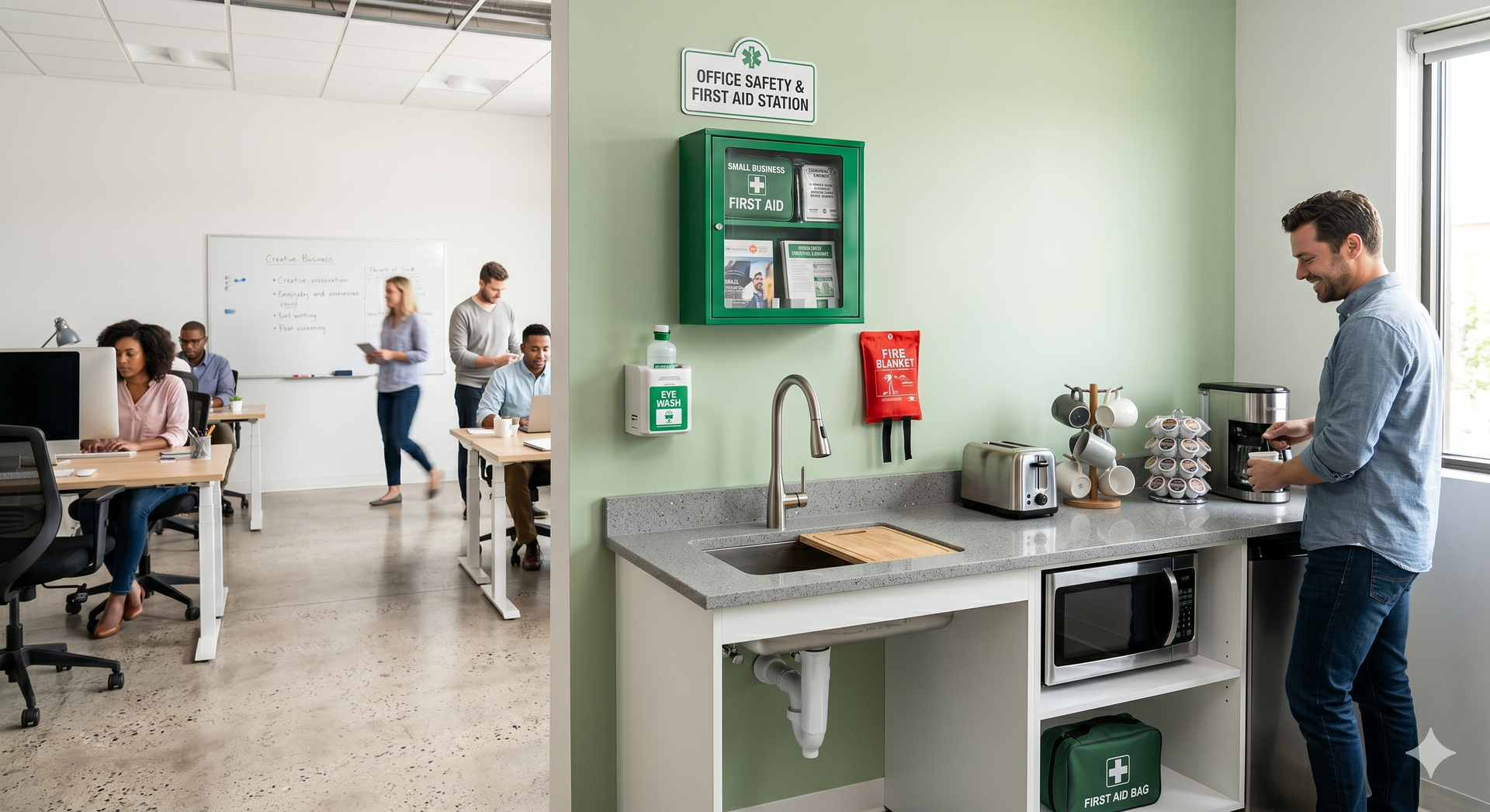 Office kitchenette with a man at the counter, coworkers in the background, and first aid kit on the wall