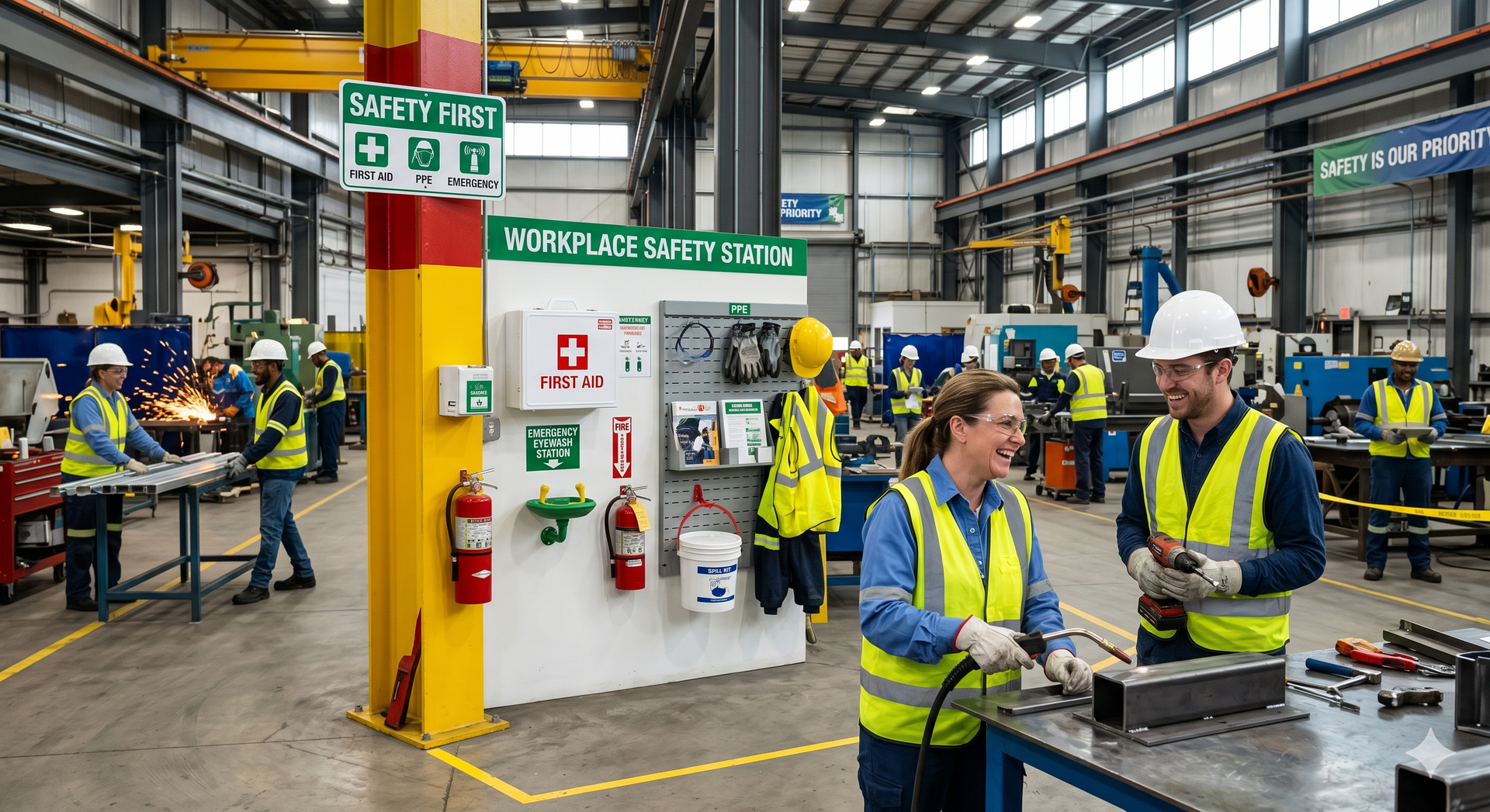 Workers in high-vis gear at an industrial factory with safety signs and equipment rows