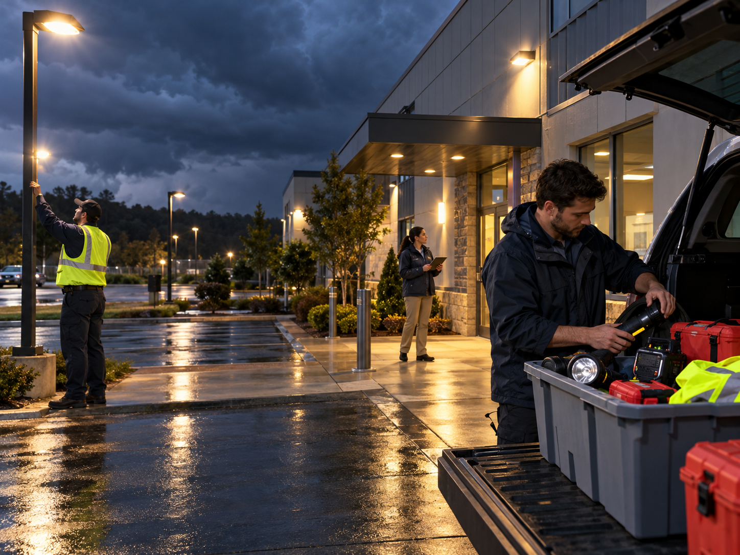 Workers loading supplies into bins outside a building on a wet evening street