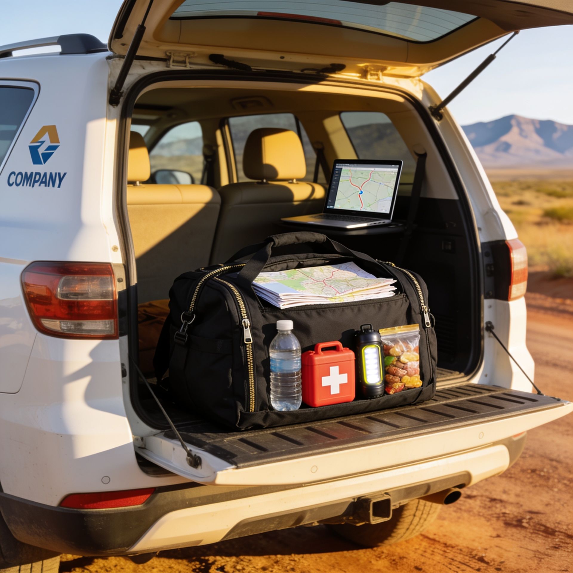White SUV with open tailgate, showing an emergency supply kit in the cargo area on a desert road.