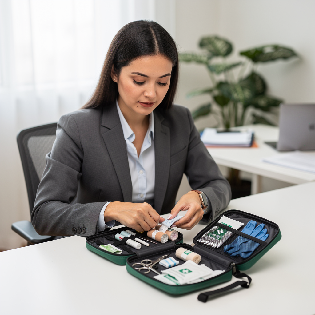 Woman in a gray blazer organizing a medical kit at a desk in a bright office