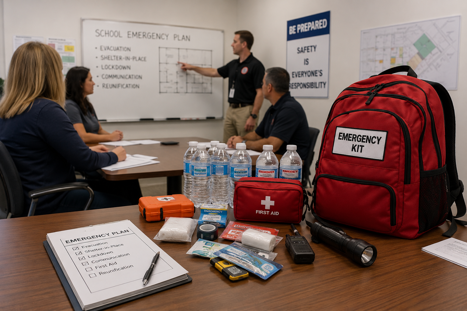School emergency preparedness meeting with supplies, backpacks, and a whiteboard in a classroom setting