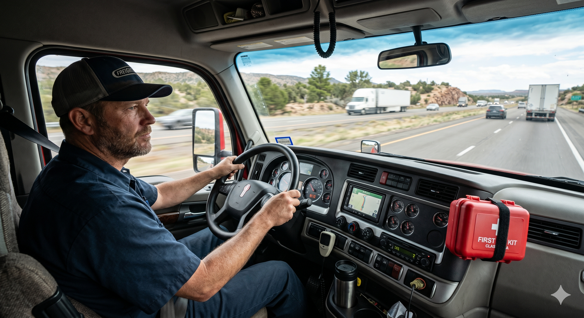Truck driver steering on a highway, viewed from the cab with dashboard and first aid kit visible