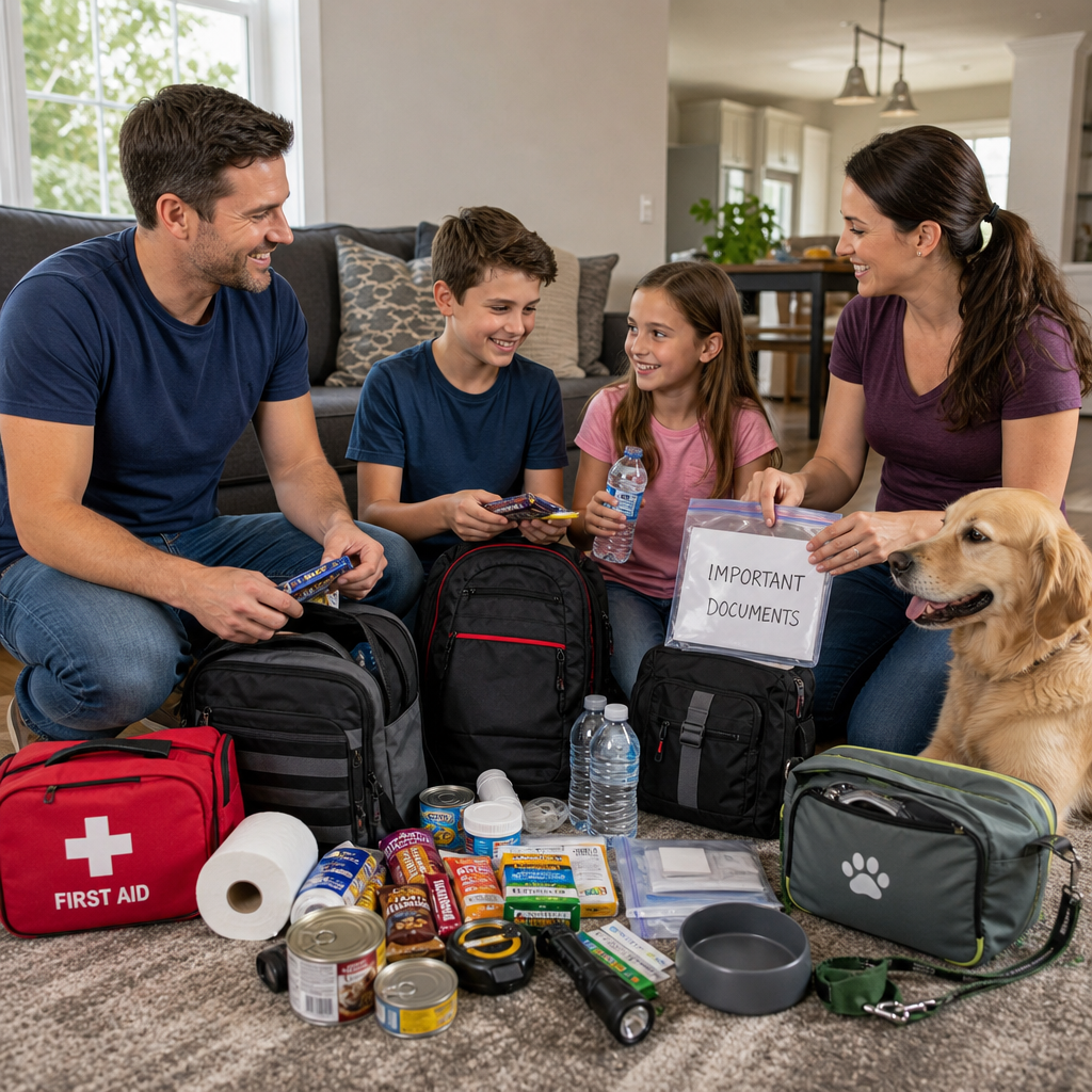 Family packing emergency supplies on a living room floor with food, water, backpacks, first aid, and pet gear