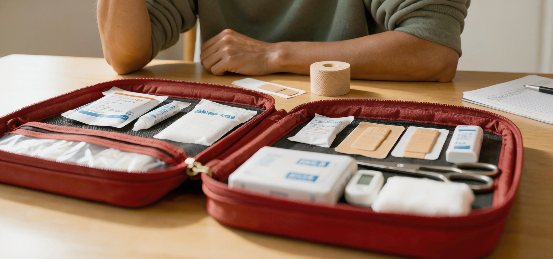 Open red first aid kit with organized medical supplies on a table