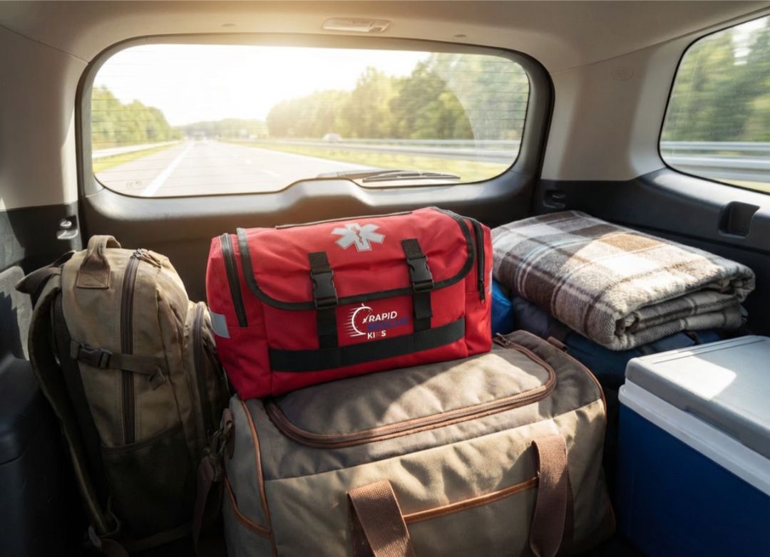 Packed luggage in a car trunk, including a red duffel, backpack, and folded blanket on a road trip.