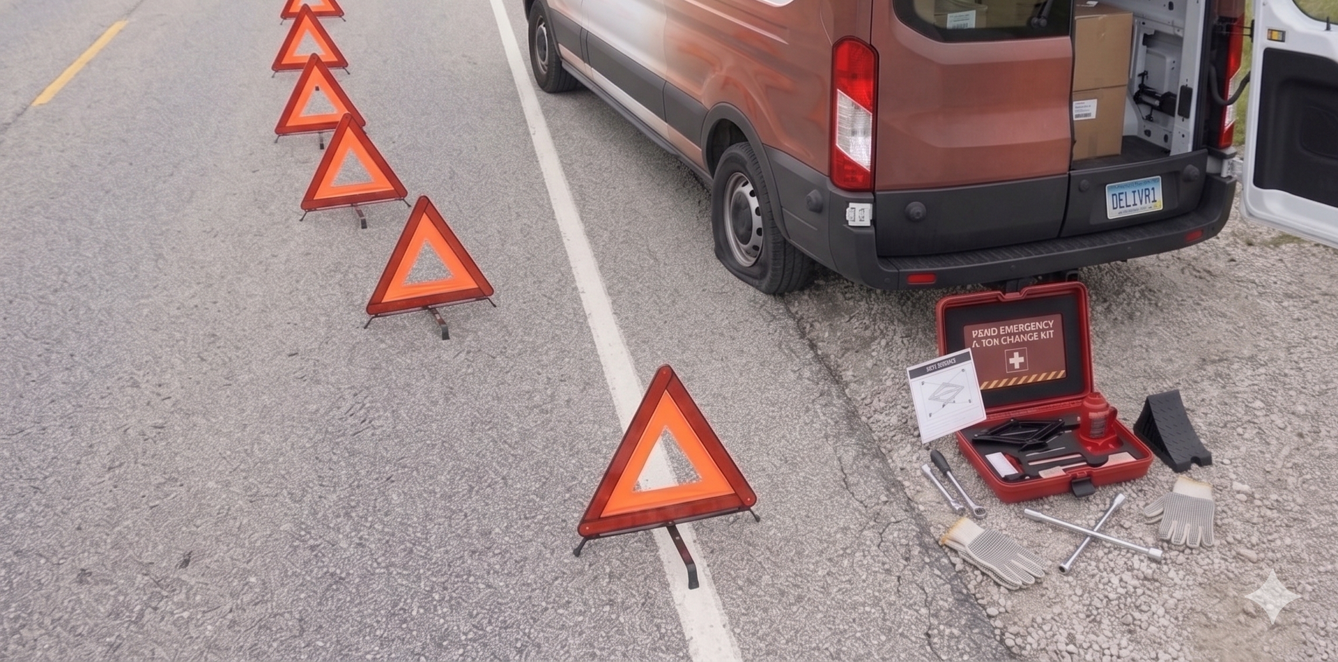 Traffic cones line a roadside next to a parked van and open red toolbox on gravel.