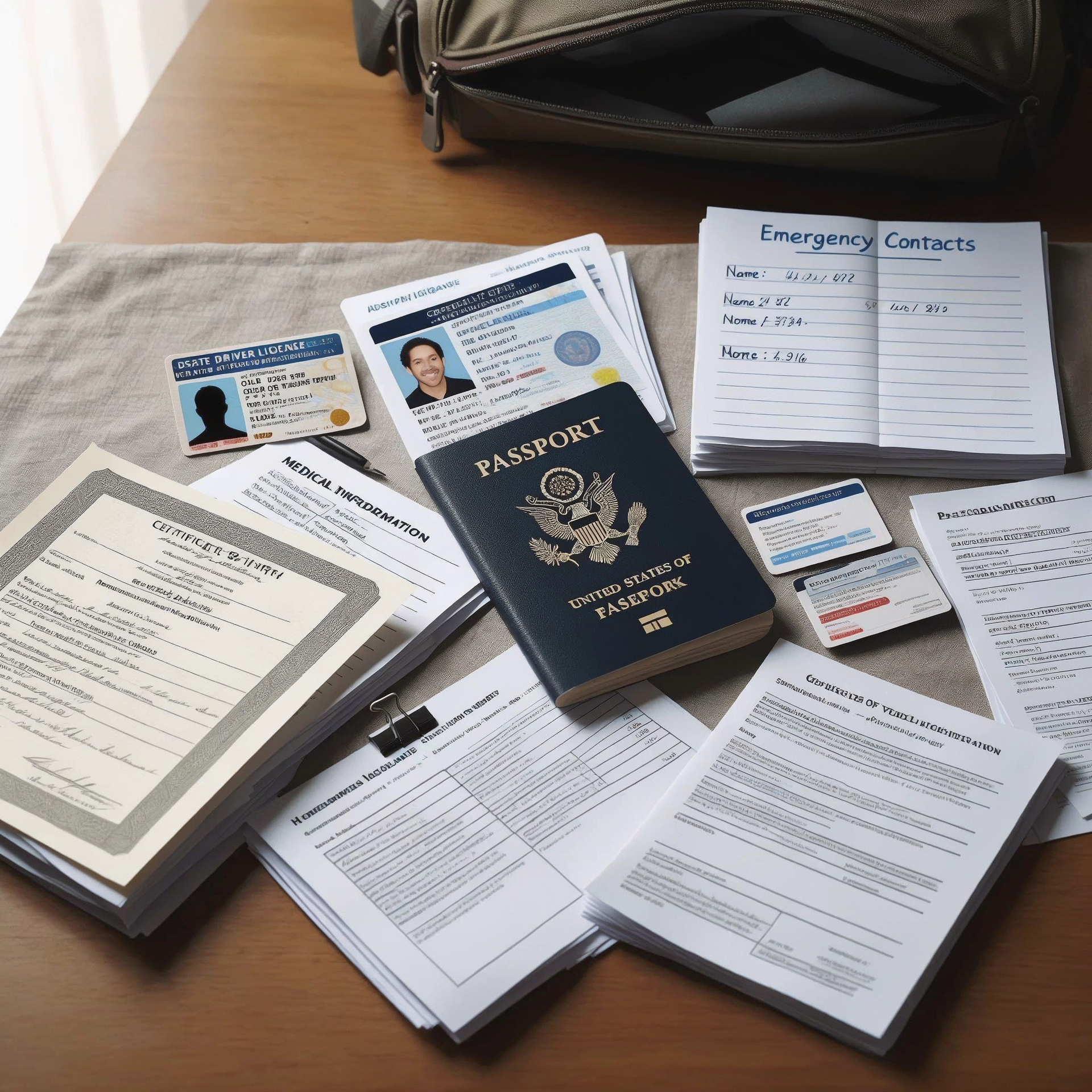 Passport, ID cards, emergency contact sheets, and open forms arranged on a table for travel or emergency prep.