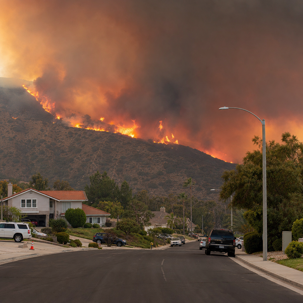 Wildfire flames and smoke on a hillside behind a quiet suburban street with parked cars.