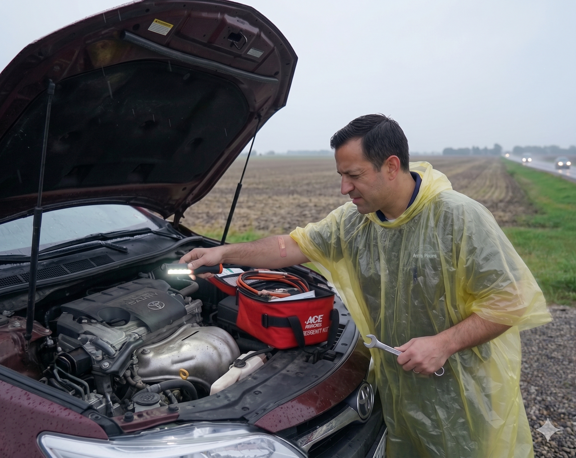 Man in a clear rain poncho checking a car engine beside an open hood on a roadside, with a red battery charger.