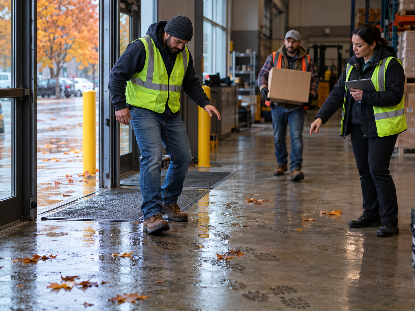 Three people in safety vests carrying a box on a wet sidewalk outside a building