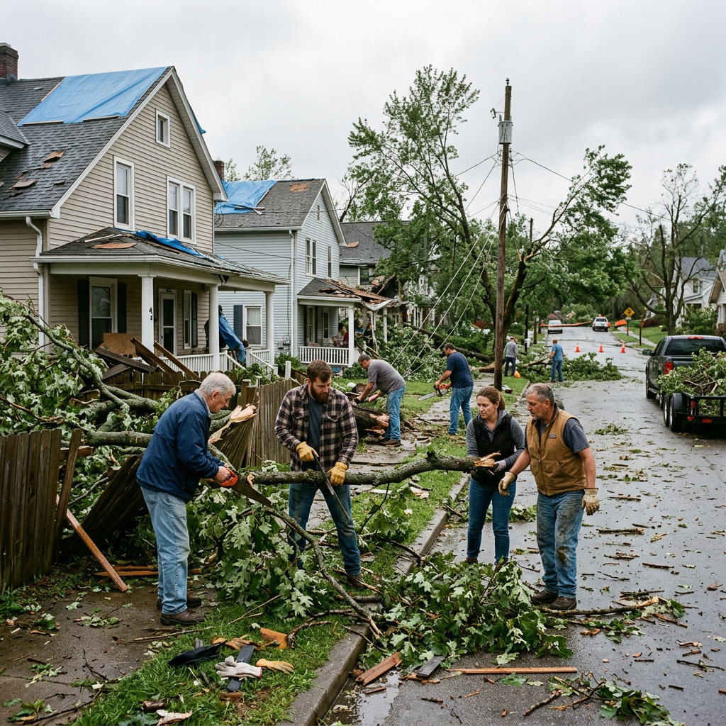 Volunteers clearing fallen branches and debris from a damaged residential street after a storm