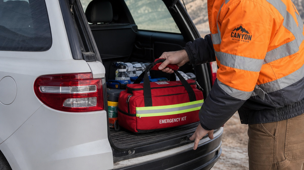 Person in orange jacket loading a red go bag into the open trunk of a white SUV outdoors