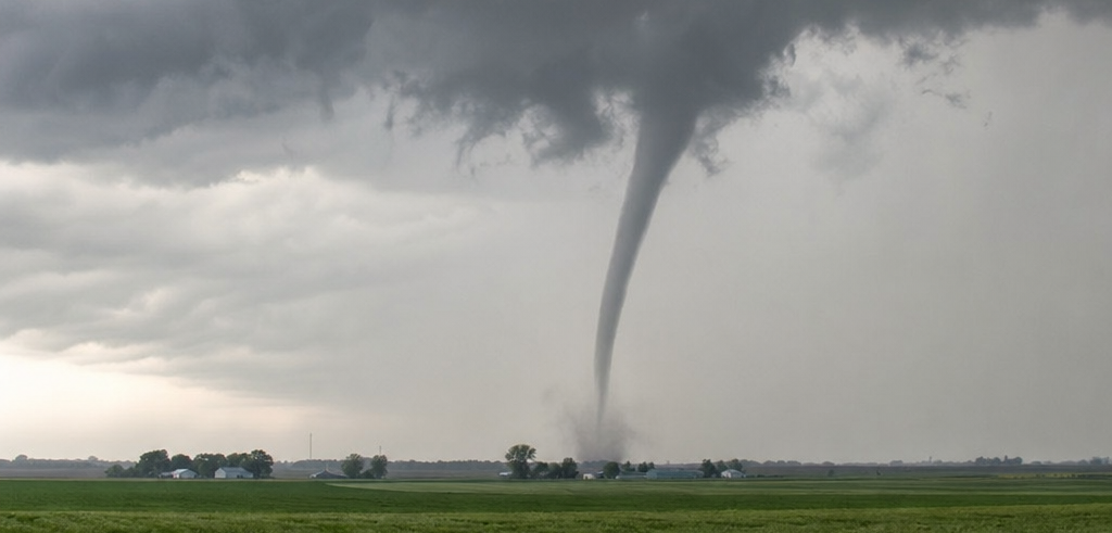 A tornado funnel touches down over flat farmland beneath dark storm clouds.