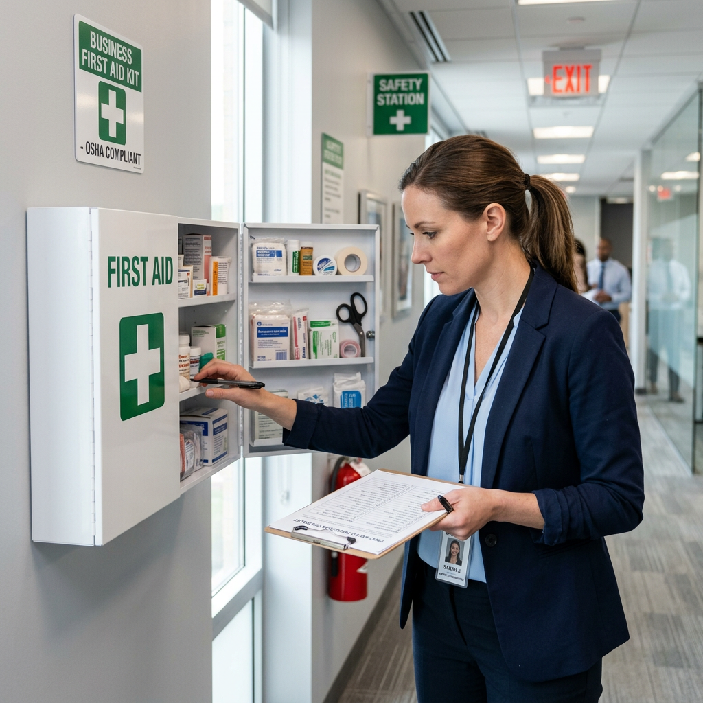 Woman checking a first aid station in a bright office hallway, holding a clipboard.