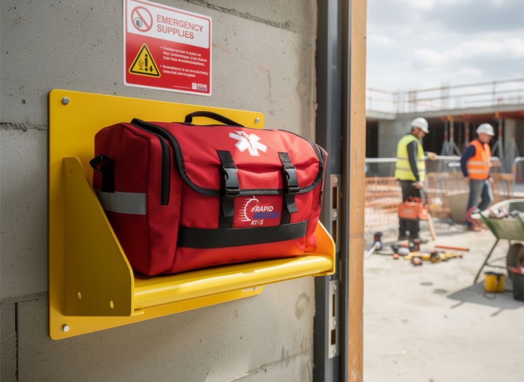 Red first aid kit in a yellow wall-mounted holder on a construction site, workers in background.