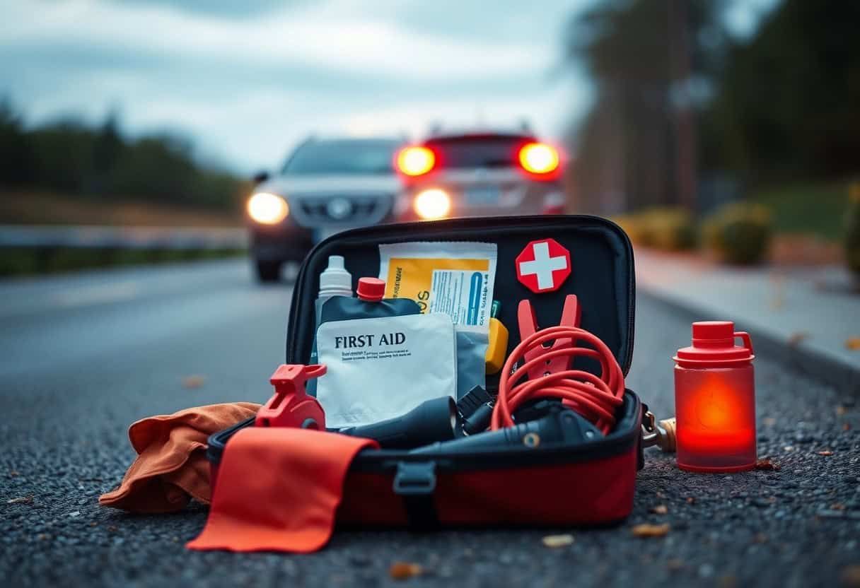 Open first-aid kit, warning triangle, and red flashlight on road shoulder with blurred crash scene behind