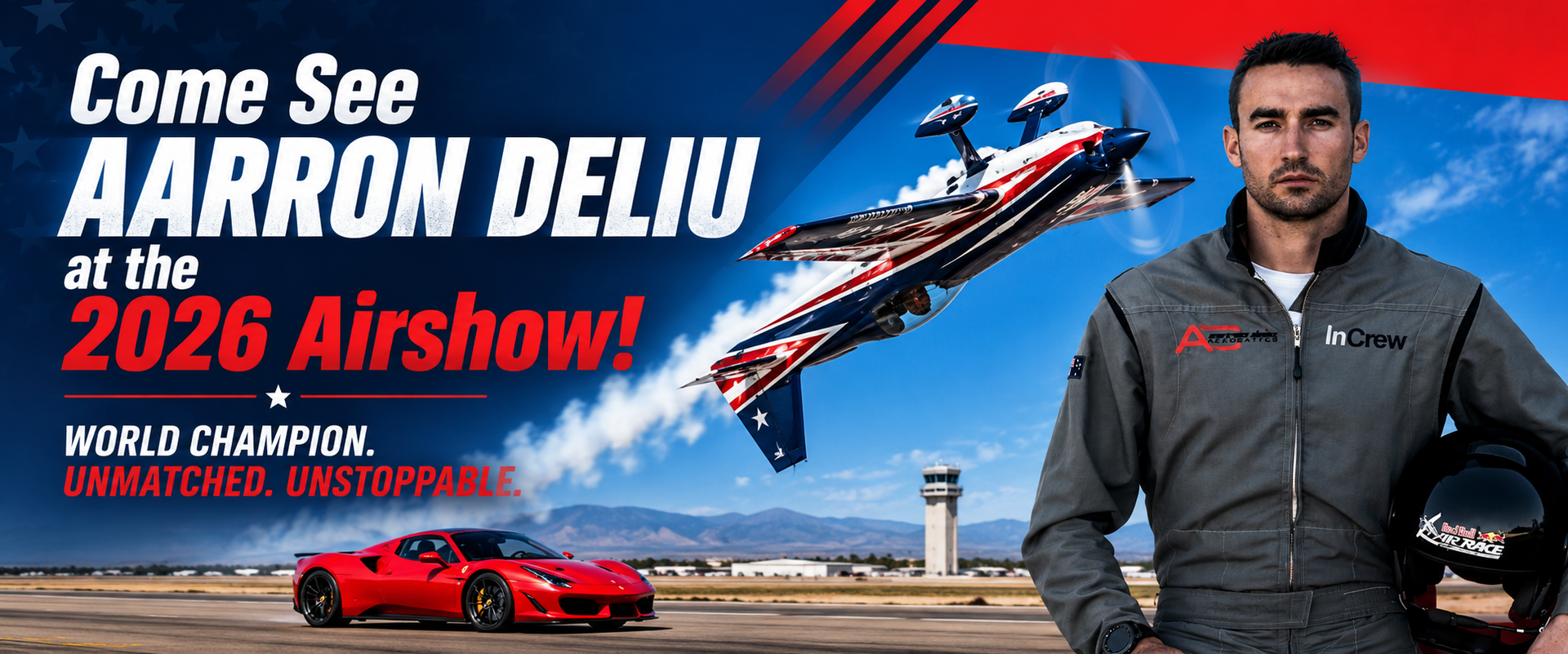 F-35A Lightning II Demo Team with jets and pilots, announcing the 2026 Airshow in bold red text.