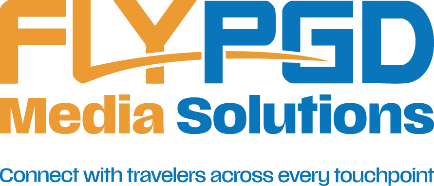 FLYPGD Media Solutions logo with orange and blue text and the tagline “Connect with travelers across every touchpoint”