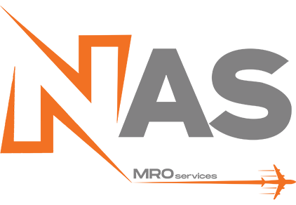 NAS MRO services logo in gray and orange with airplane icon and stylized orange “N”