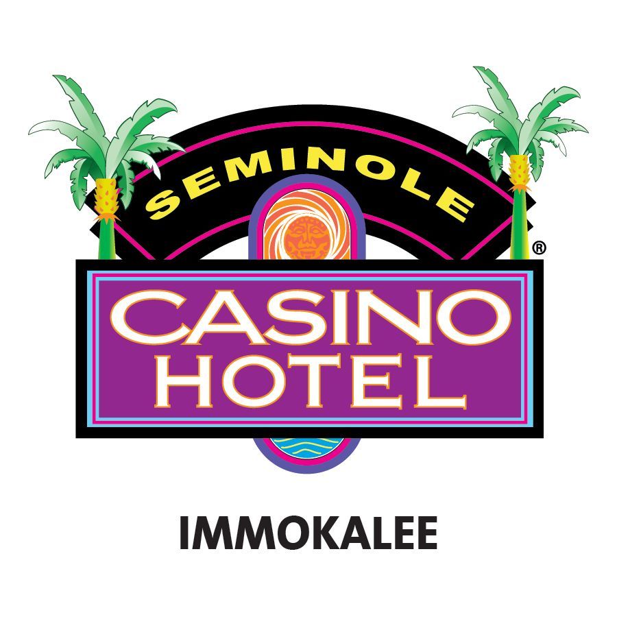 Seminole Casino Hotel logo in pink and gold with palm trees, Immokalee text below