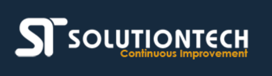 SolutionTech logo with white “ST” and “SOLUTIONTECH” on a blue background, tagline “Continuous Improvement” in orange