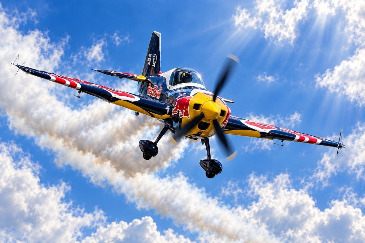 Kevin Coleman's Red Bull aerobatic plane trailing smoke against a blue sky
