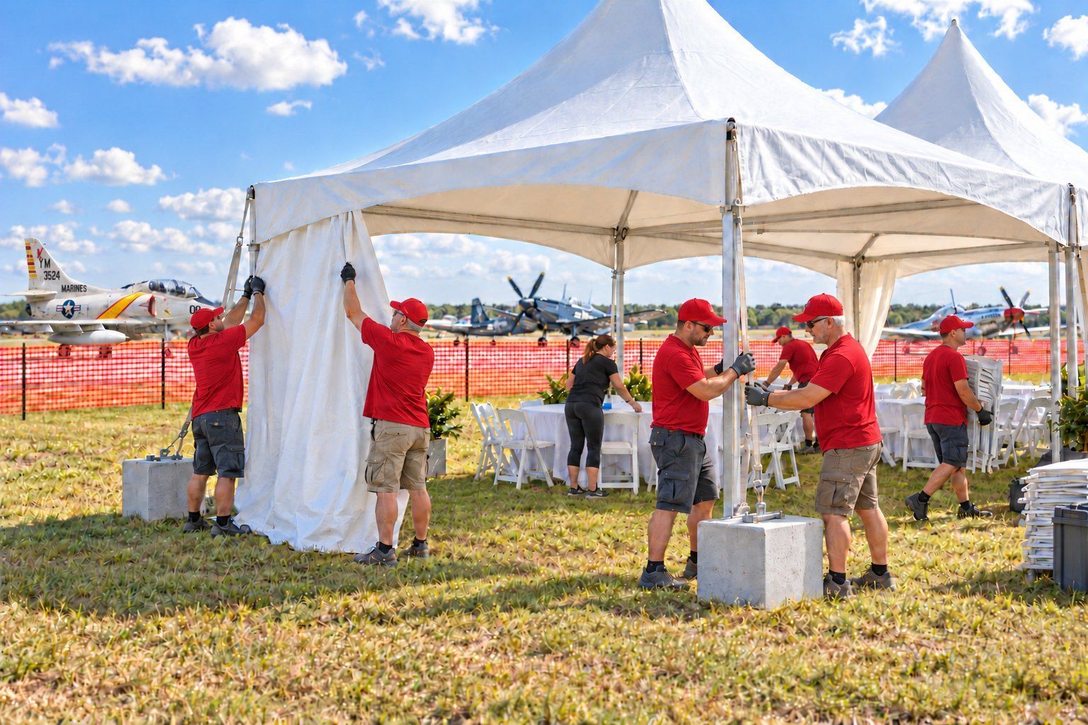 Red Cap volunteers set up hospitality tents and seating on the grounds of the Florida International Air Show at Punta Gorda Airport