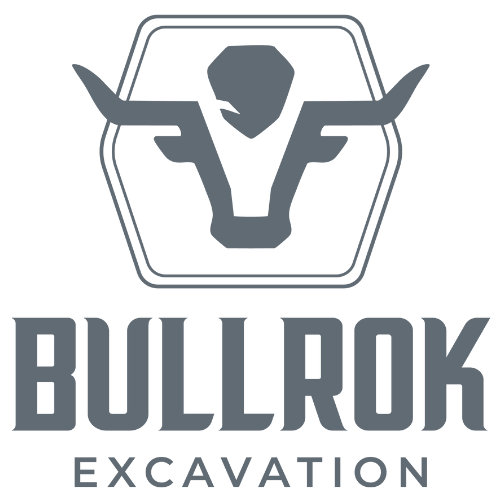 Bullrok Excavation logo with a stylized bull head in gray and white